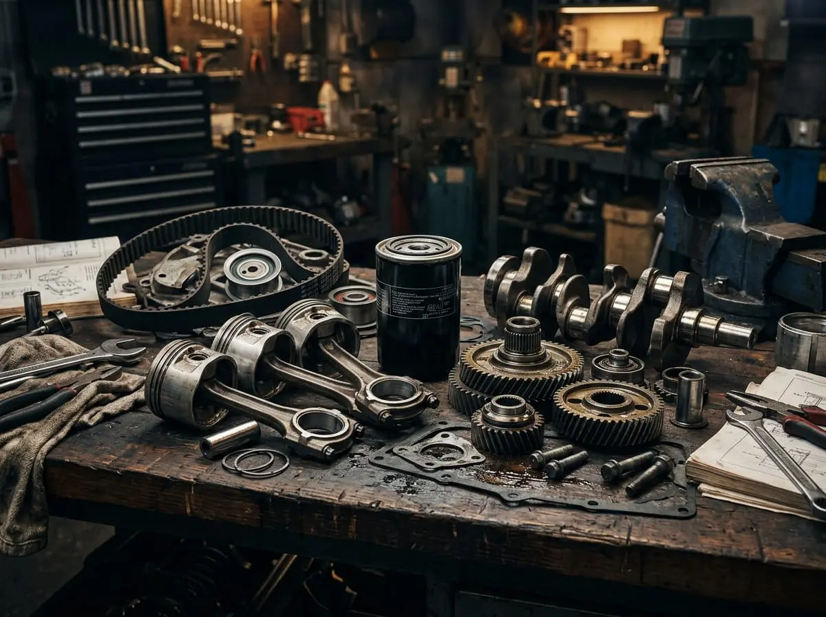 Automotive engine parts on a workshop bench