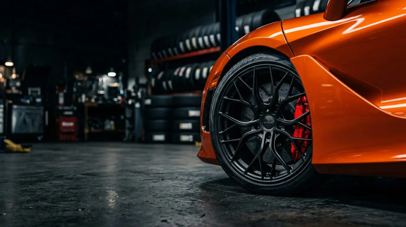 Orange performance car with a black alloy wheel and red brake caliper in a tyre workshop
