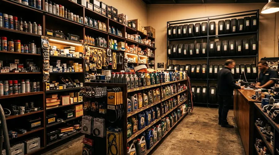 Motor spares store with shelves of parts, oils and tyres