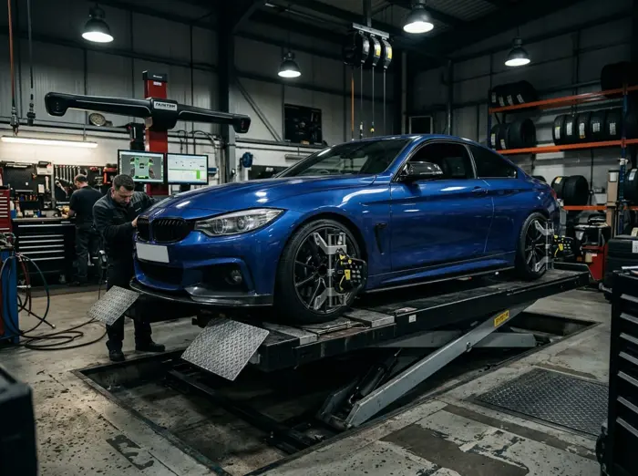 Vehicle on the wheel alignment ramp