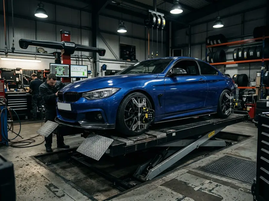 Vehicle on a wheel alignment ramp with alignment clamps fitted