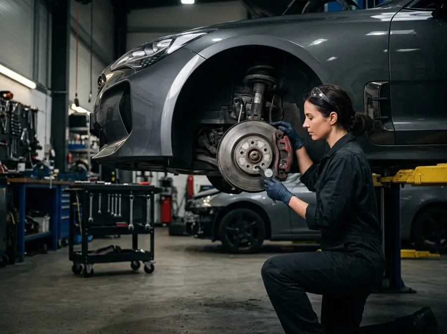 Mechanic inspecting a brake disc and caliper