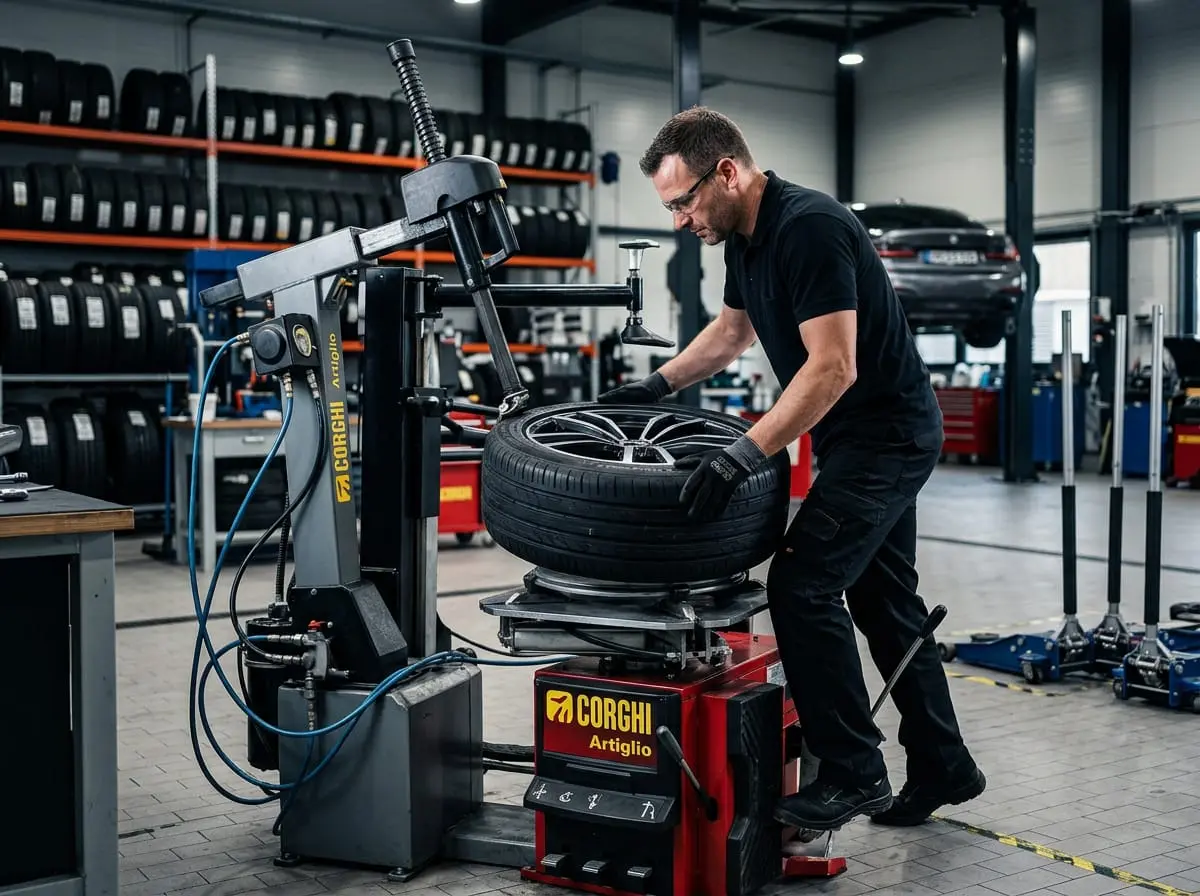 Technician fitting a tyre in a workshop