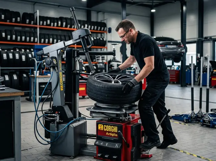 Technician fitting a tyre in the workshop